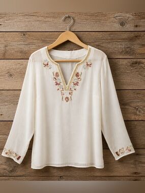 Indulgence ~ Abercrombie & Fitch Cream Tunic with Pink and Gold Embroidery